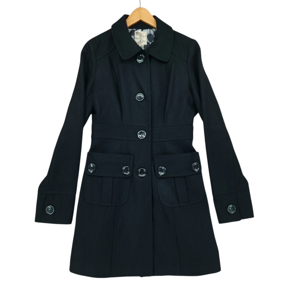 Anthropologie Tulle‎ Pea Coat sz M Women Black Wool Mid Goth Darkfairy Punk Moto
